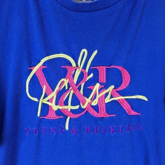 Young and Reckless Men's t-shirt Blue neon 80s style size XL - Picture 2 of 6